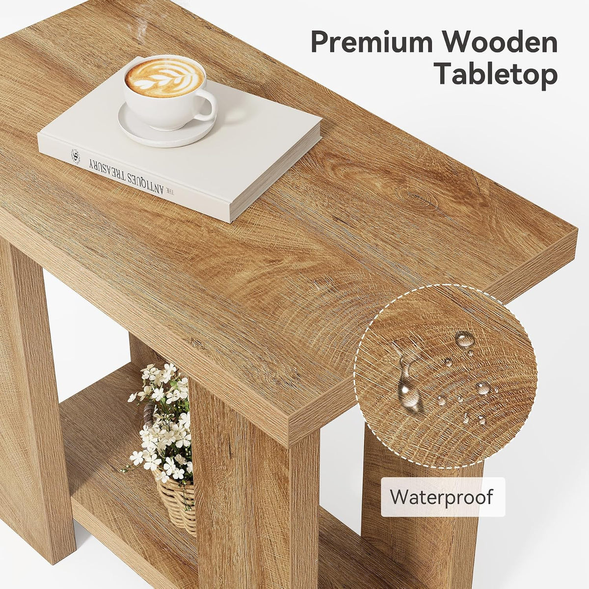 LITTLE TREE 2-Tier Side Table, Farmhouse End Table with Storage Shelves, Small Nightstand Wooden Beside Table Bed Side Table for Small Spaces, Living Room, Bedroom, Light Brown