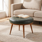 Green Round Ottoman Coffee Table, 24-Inch Faux Leather Cushioned Footstool with Solid Wood Bookshelf & Frame, Multifunctional Storage Ottoman for Living Room, Bedroom