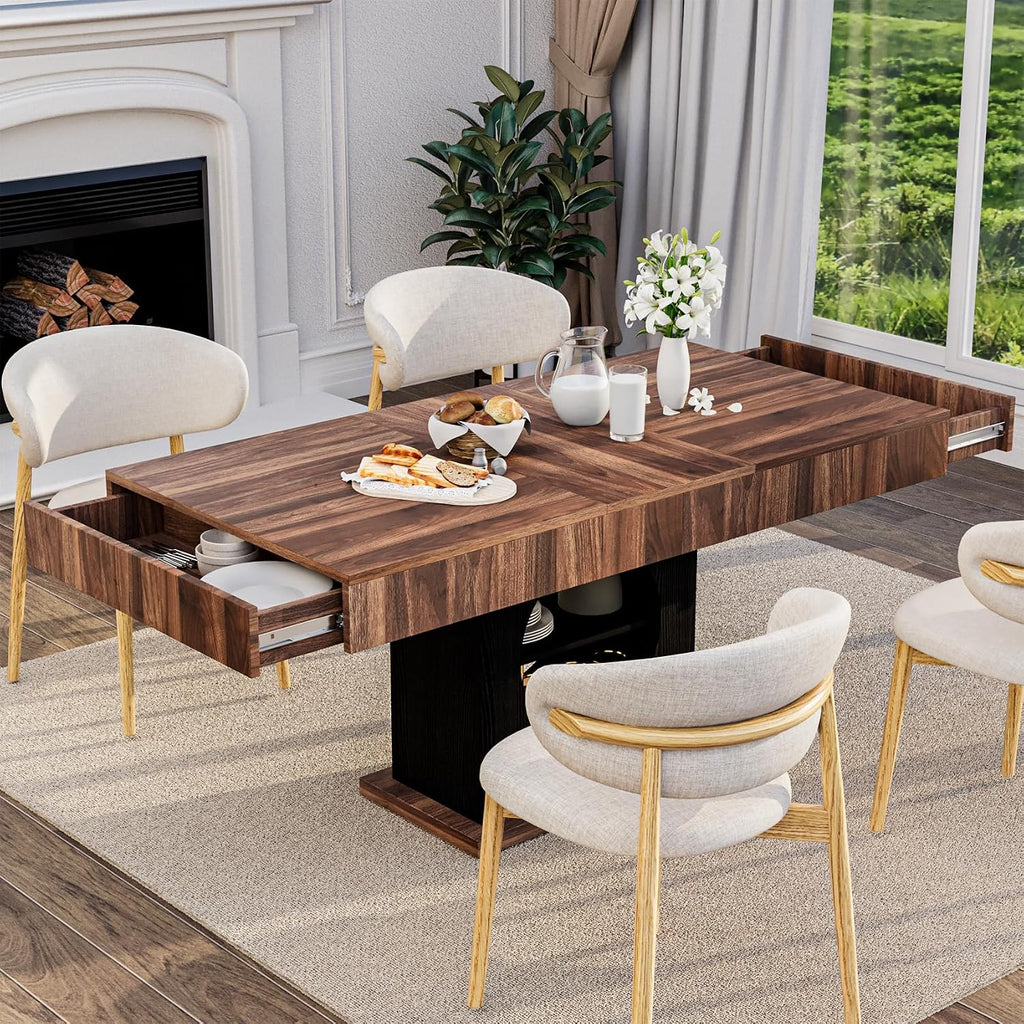 55" Dining Table for 4 to 6 People, Farmhouse Wood Dinner Table with Drawers & Open Storage for Kitchen, Dining Room & Living Room (Walnut & Black)