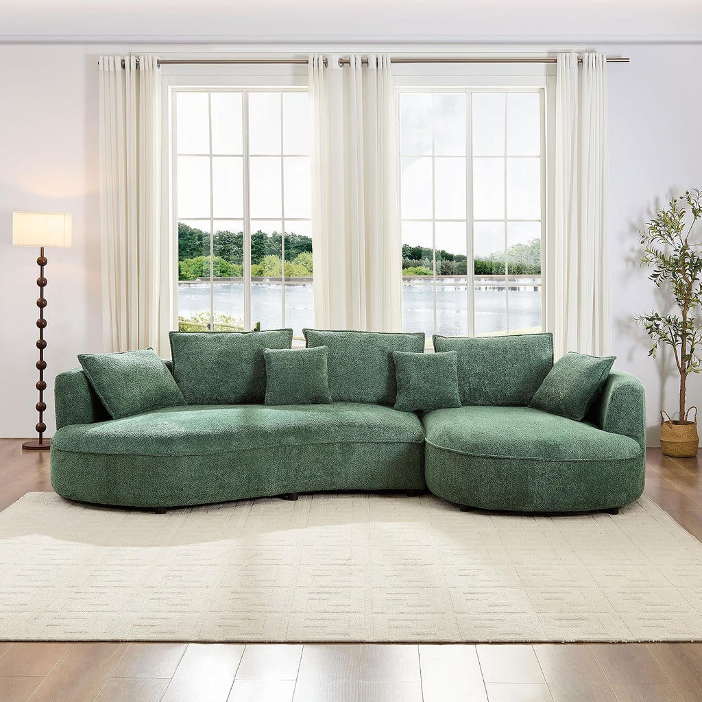 125” Curved Boucle Sofa,Modern 5-Seater L-Shape Sectional Couch with Chaise and Memory Foam,Modular Oversized Teddy Sofas for Living Room,Bedroom,Apartment (Right Facing,Green)