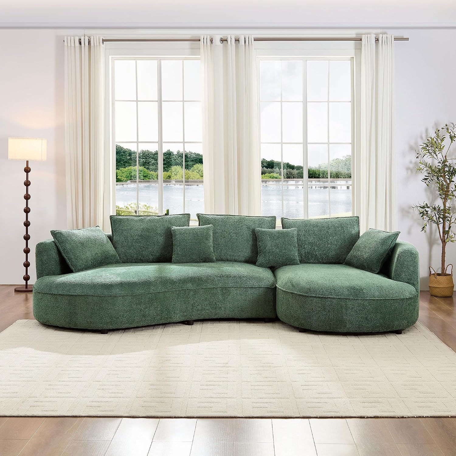 125” Curved Boucle Sofa,Modern 5-Seater L-Shape Sectional Couch with Chaise and Memory Foam,Modular Oversized Teddy Sofas for Living Room,Bedroom,Apartment (Right Facing,Green)