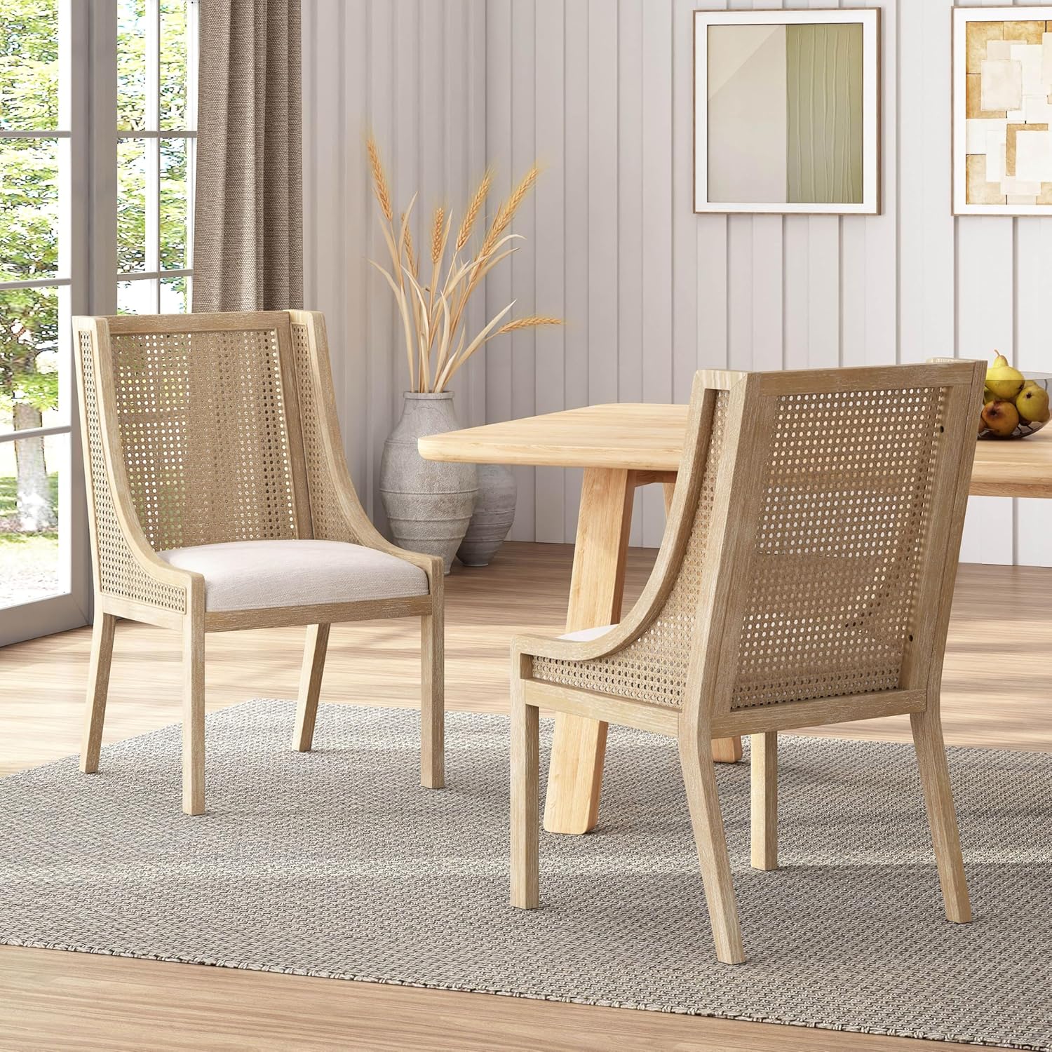 Maurers Upholstered Dining Chairs - Cane and Wood - Beige/Natural (Set of 2)