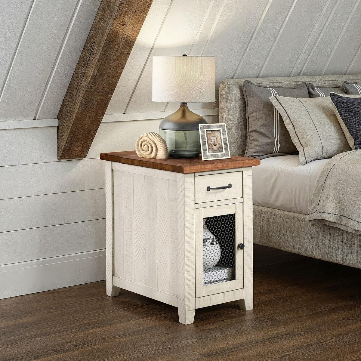 Martin Svensson Home Rustic Solid Wood Chairside End Table, White and Honey | with Power, Cabinet Storage, One Drawer
