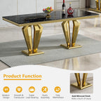Luxury Marble Dining Table for 4 to 6, 68 inch Black Faux Marble Dining Table with Gold Stainless Steel Diamond Shaped Base, Modern Rectangle Kitchen Dining Room Table for Family Dinner Party
