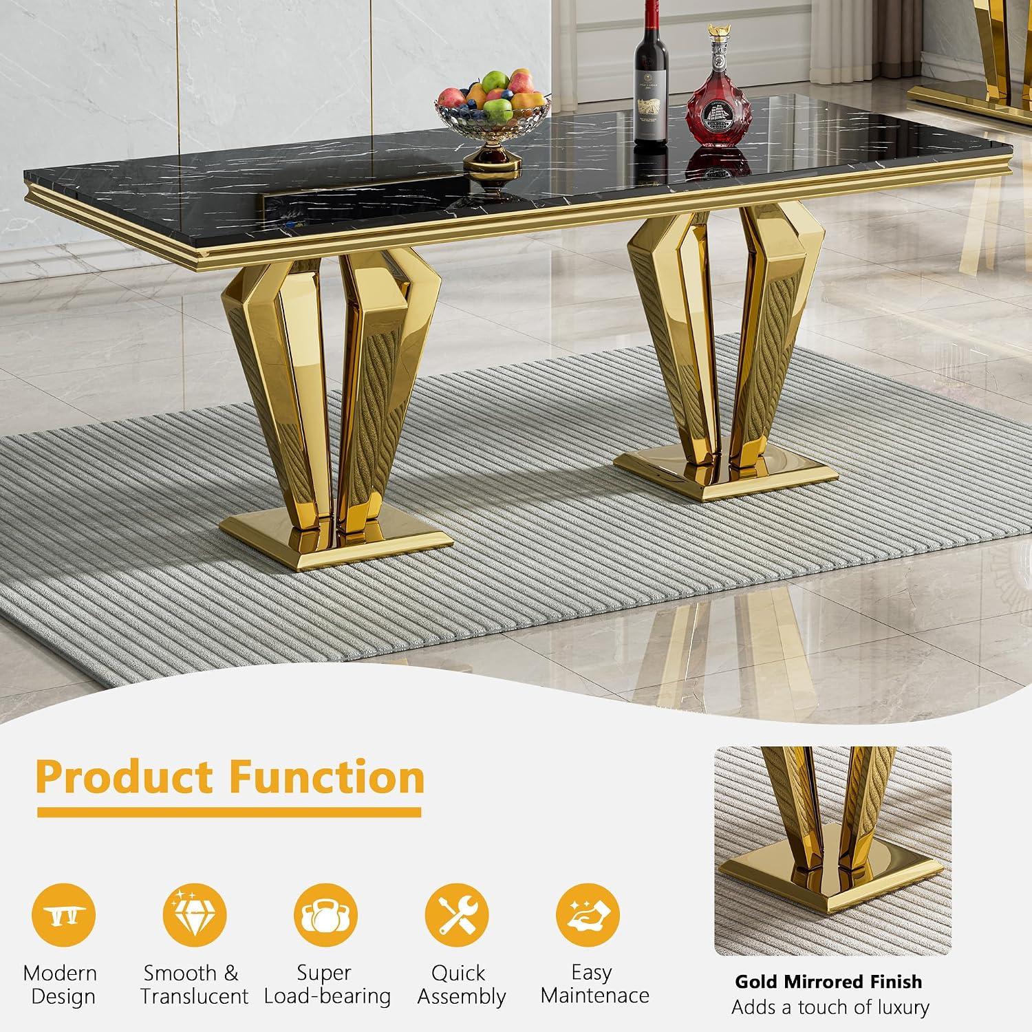 Luxury Marble Dining Table for 4 to 6, 68 inch Black Faux Marble Dining Table with Gold Stainless Steel Diamond Shaped Base, Modern Rectangle Kitchen Dining Room Table for Family Dinner Party