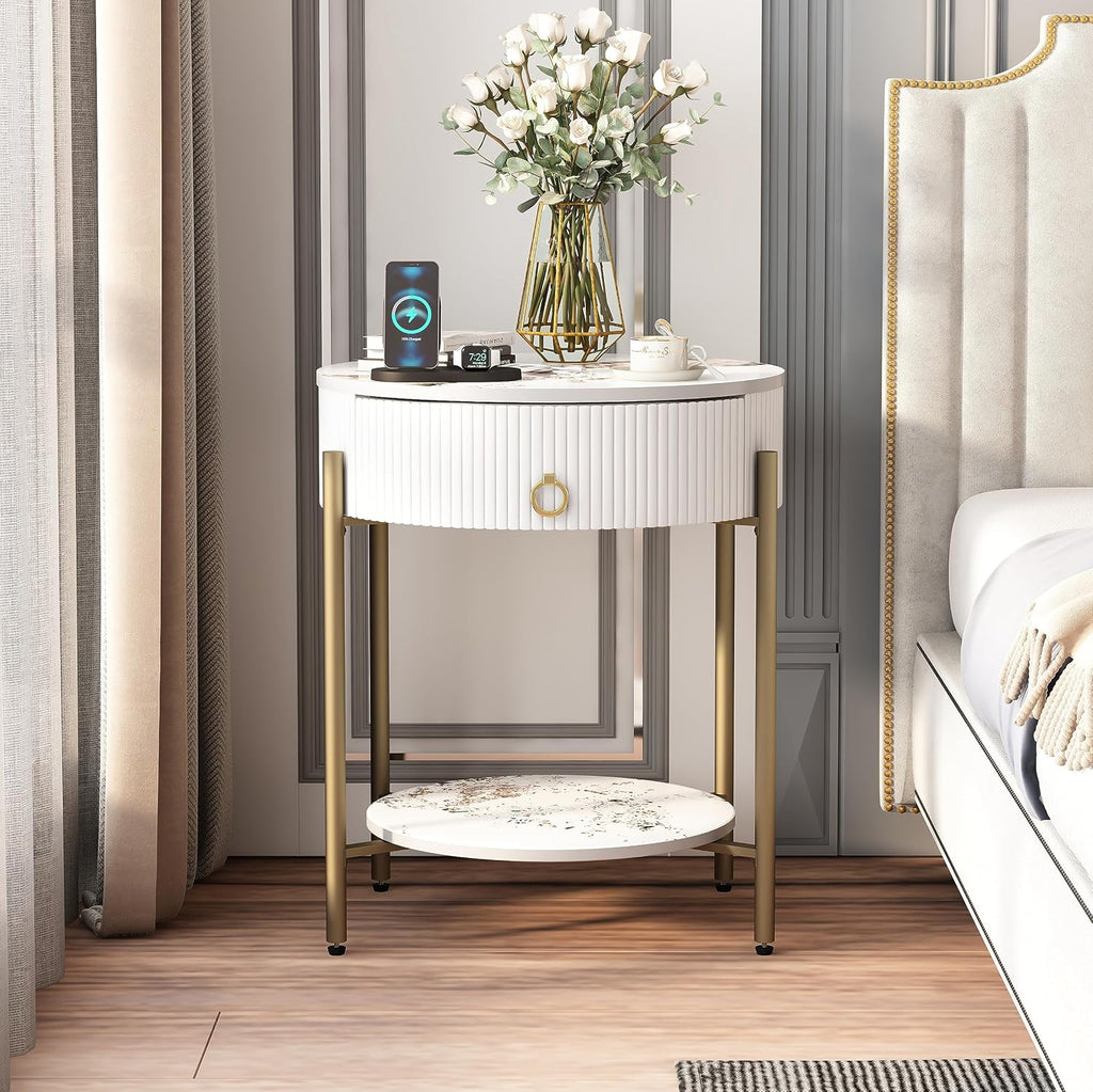OIOG Round End Table, Nightstand with Storage, Marbling Natural Stone/Gold