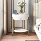 OIOG Round End Table, Nightstand with Storage, Marbling Natural Stone/Gold
