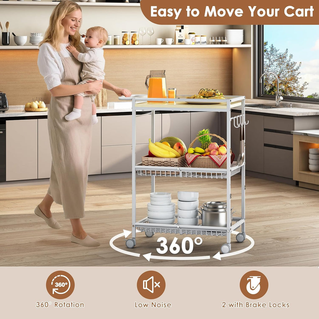Microwave Kitchen Cart with 2 Lockable Wheels, White Kitchen Storage Cart with Push Handle, 3 Tier Rolling Cart with 210Lbs Capacity for Kitchen Island, Restaurant, Coffee Bar, Living Room, Office