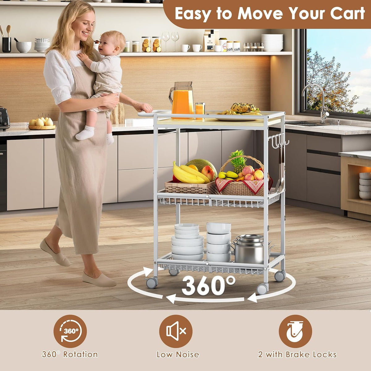 Microwave Kitchen Cart with 2 Lockable Wheels, White Kitchen Storage Cart with Push Handle, 3 Tier Rolling Cart with 210Lbs Capacity for Kitchen Island, Restaurant, Coffee Bar, Living Room, Office
