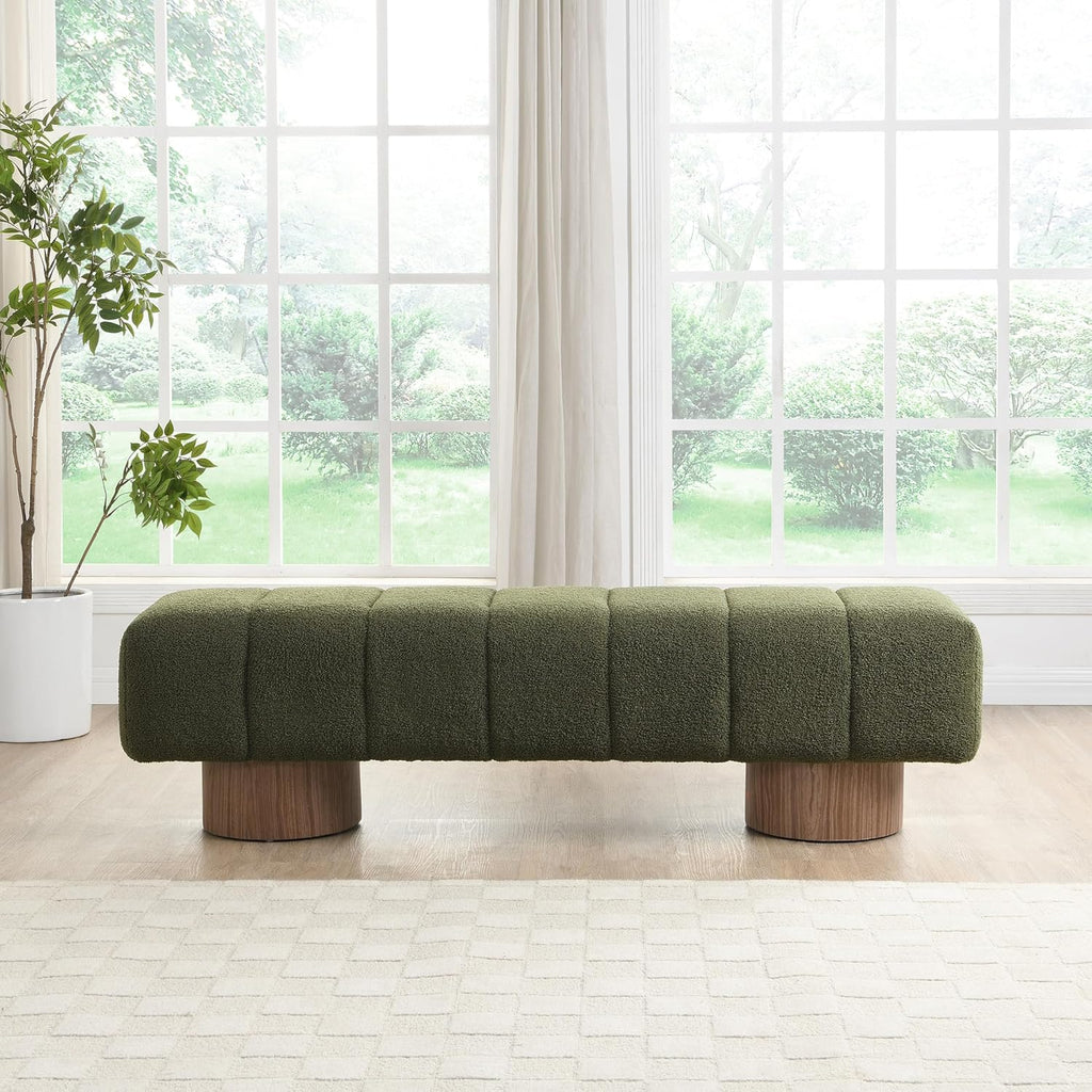 Christopher Knight Home Manila 64" Boucle Dining Bench, Upholstered Ottoman Bench, Rectangular Dining Seat, Spacious Seating, Long Footstool for Living Room Dining Room, No Assembly Needed, Green