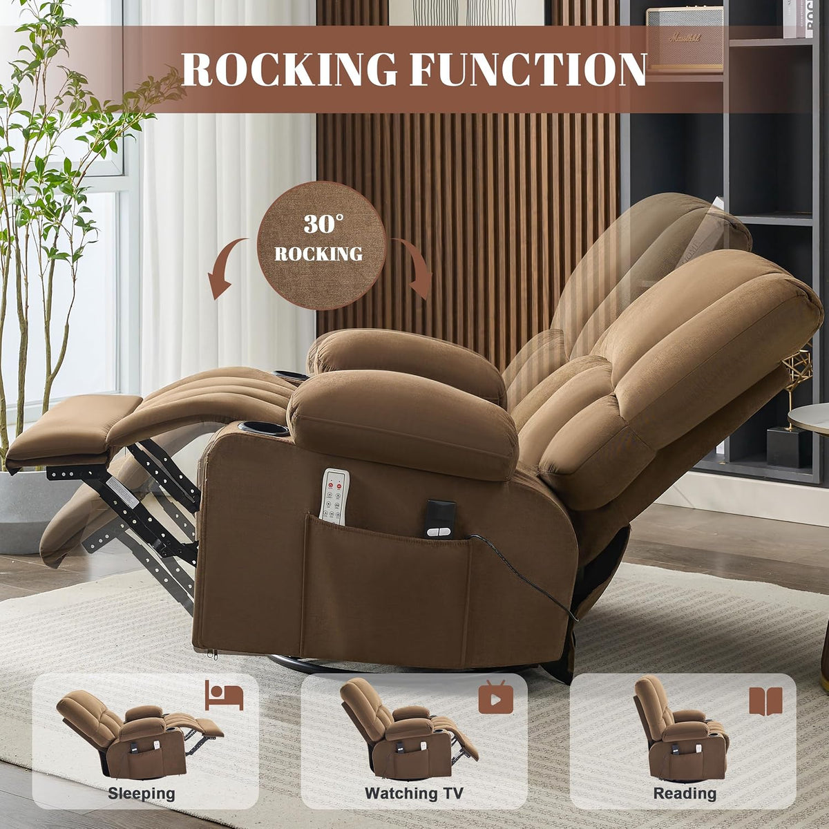 Oversized Recliner Chairs for Adults, 270° Swivel Rocker Recliner with Heat and Massage Lazy Boy Recliner,Recliner Chairs Single Sofa Seat with Cup Holders (Brown,Electric)