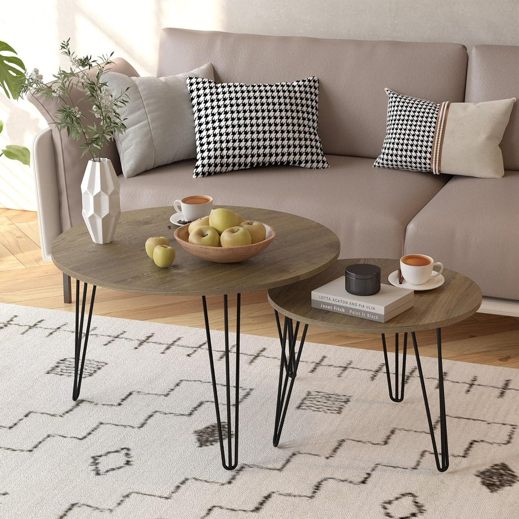 Small Round Nesting Coffee Table Set of 2 for Living Room, 27.56 inch Wood Modern Stacking Circle Coffee Table Side Table End Table with Metal Frame for Bedroom（Brown