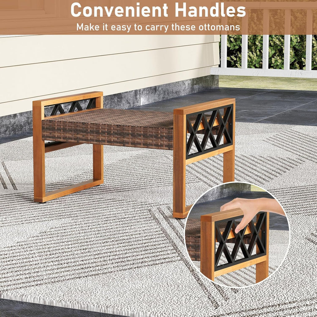 RELAX4LIFE Wicker Outdoor Ottomans for Patio - Set of 2 Rattan Outside Footstool w/Removable Cushion, Wood & Metal Frame, 3-in-1 Foot Rest, Extra Seating & Side Tables for Porch Backyard Poolside