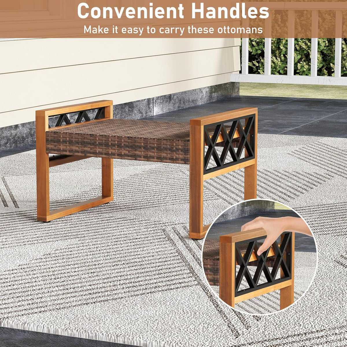 RELAX4LIFE Wicker Outdoor Ottomans for Patio - Set of 2 Rattan Outside Footstool w/Removable Cushion, Wood & Metal Frame, 3-in-1 Foot Rest, Extra Seating & Side Tables for Porch Backyard Poolside