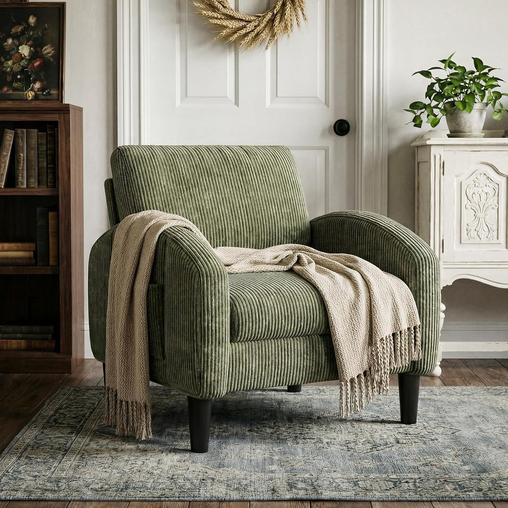 Homkdom Accent Chair with Side Pockets & Ergonomic Backrest,Green | Corduroy fabric, 6.3" thick cushion with pocket coil springs. Solid wood frame, 300 lbs capacity. Fits any small space.