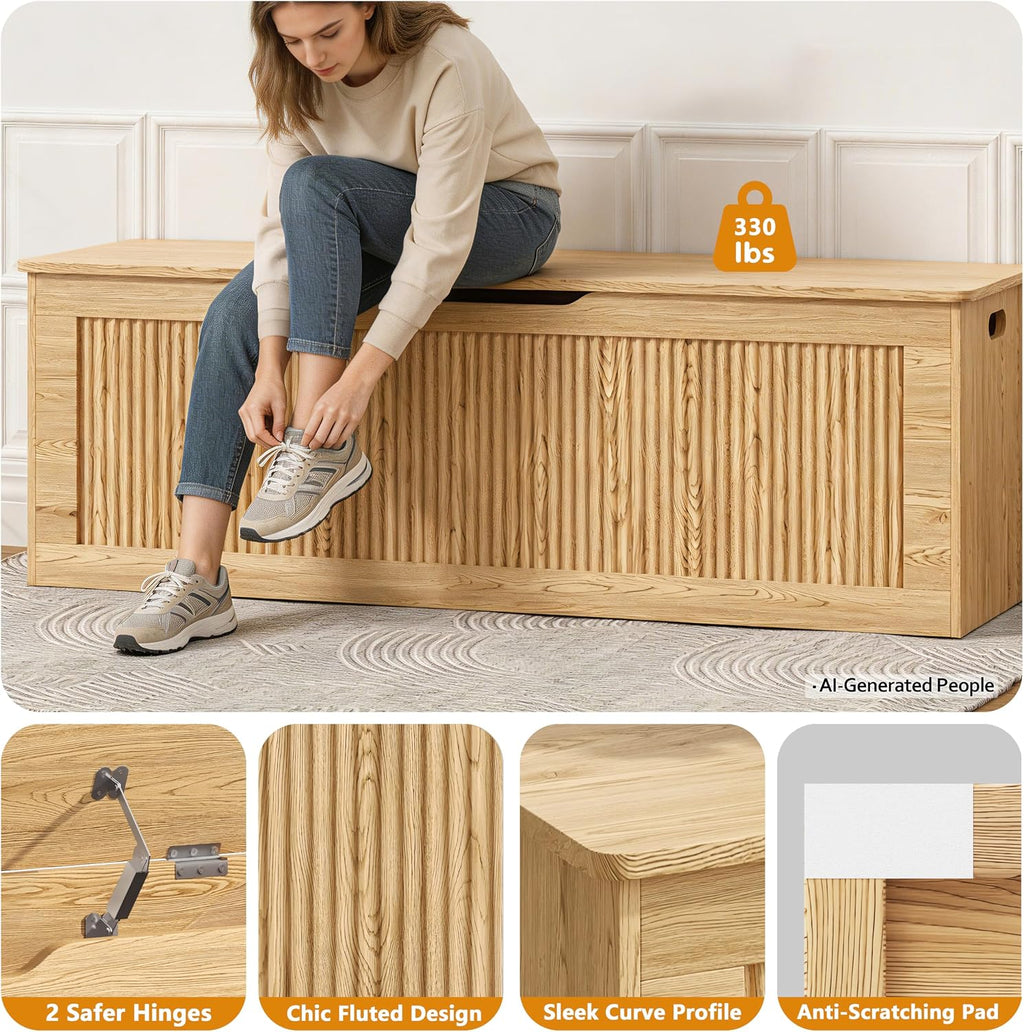 Akxomel 51.2" Fluted Storage Chest Wooden Storage Trunk 2 Safety Hinges Oak | Large Storage Chest with 2 Safety Hinges & Lift Top, Wooden Box Bench, for Living Room, Entryway, Bedroom