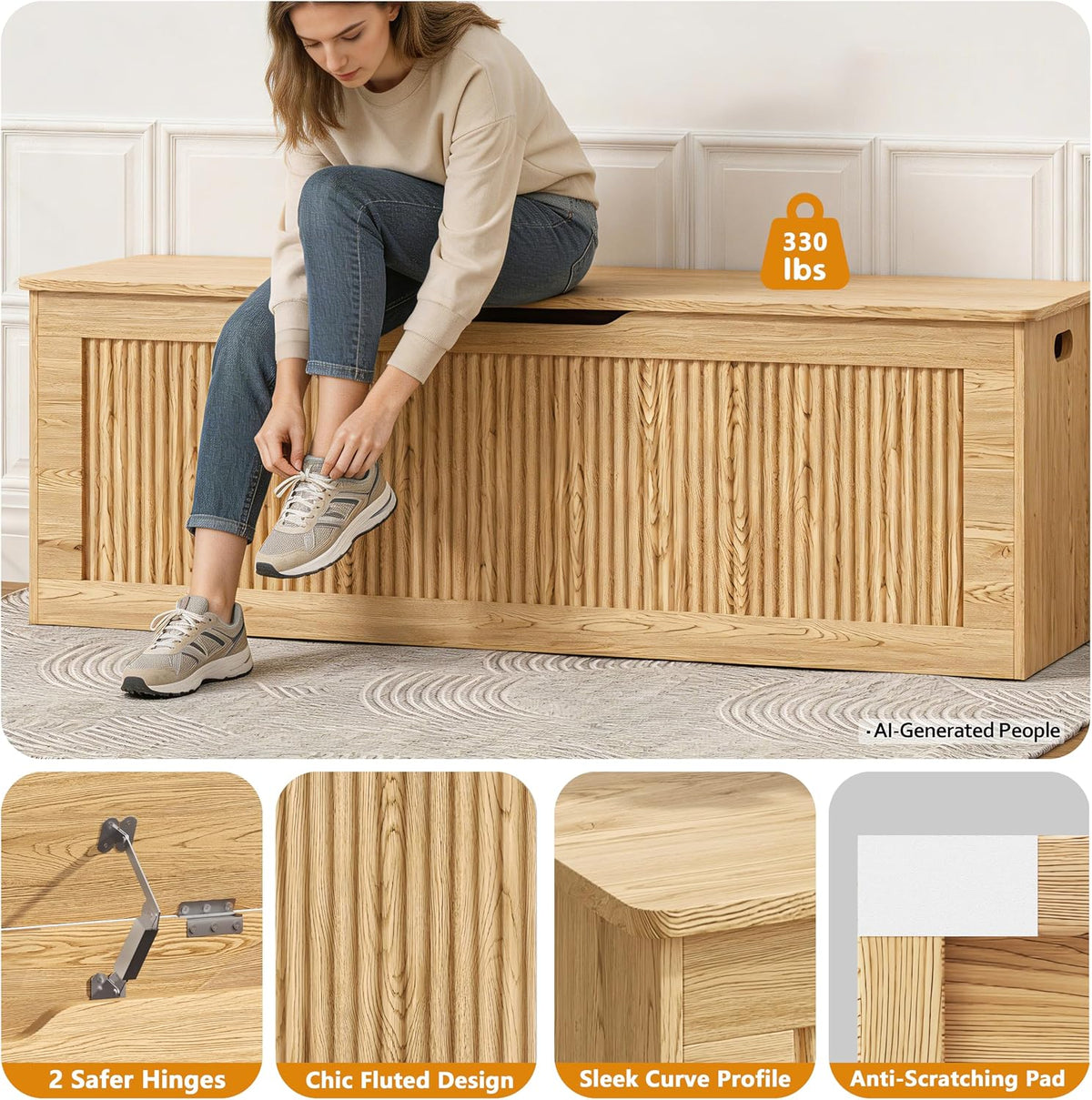 Akxomel 51.2" Fluted Storage Chest Wooden Storage Trunk 2 Safety Hinges Oak | Large Storage Chest with 2 Safety Hinges & Lift Top, Wooden Box Bench, for Living Room, Entryway, Bedroom