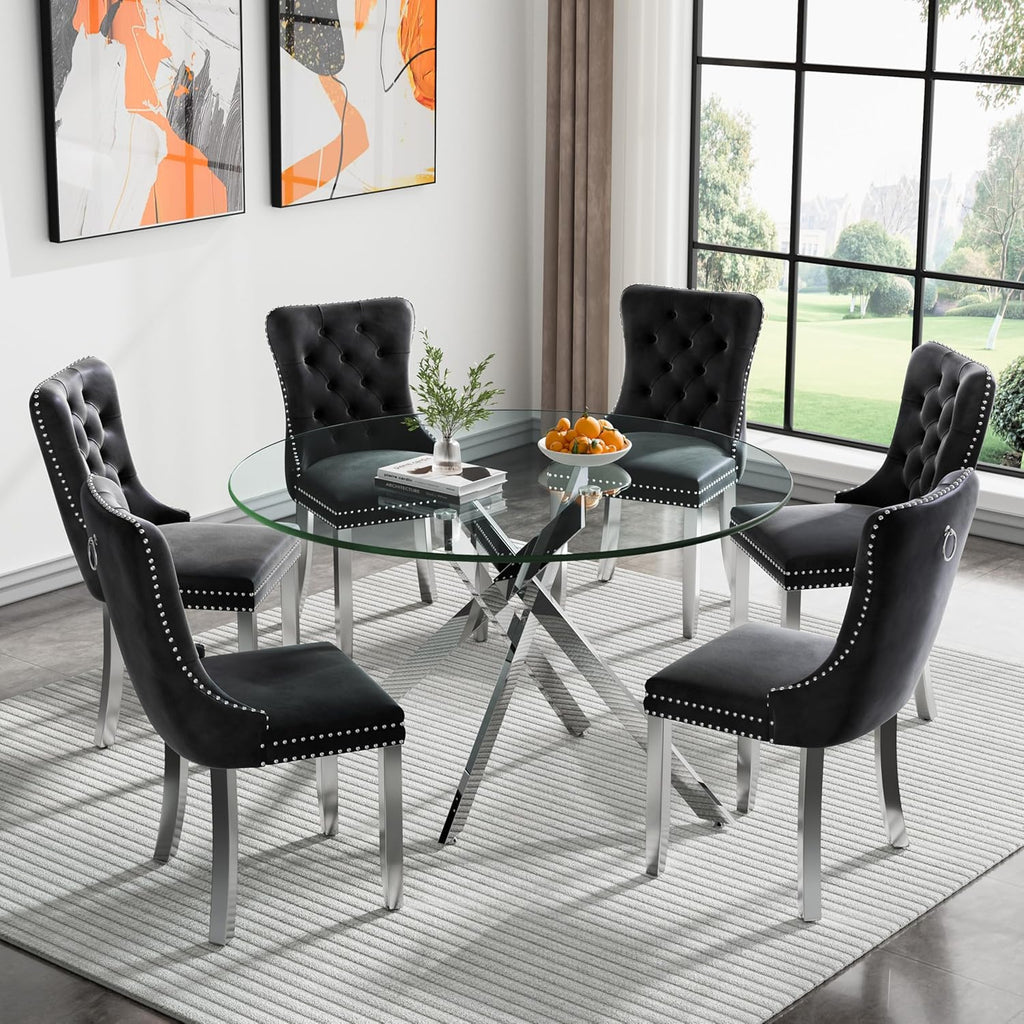 7-Piece Round Glass Dining Table Set for 6, 47" Circle Kitchen Table with 6 Black Velvet Chairs Modern Silver Glass Dining Room Table Set for 6 with Steel Leg Chair