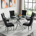 7-Piece Round Glass Dining Table Set for 6, 47" Circle Kitchen Table with 6 Black Velvet Chairs Modern Silver Glass Dining Room Table Set for 6 with Steel Leg Chair