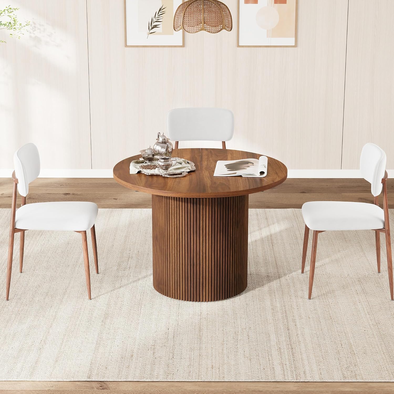 weselon 42"-105" Extendable Dining Table for 4-12, Expandable Oval Dining Room Table with Fluted Pedestal Base & Reinforced Metal Support Leg, Large Modern Kitchen Table for Dining Room (Walnut)