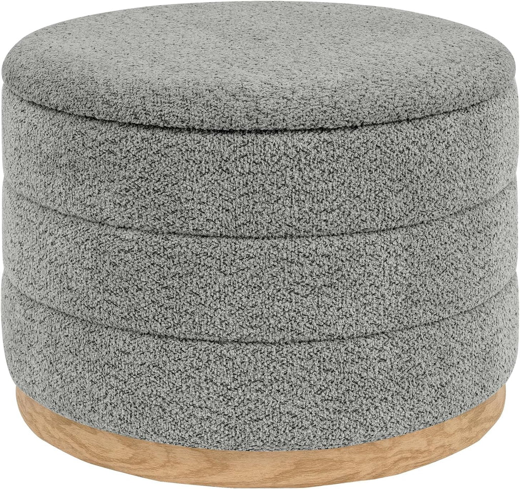 Round Storage Ottoman with Tray Lid, Folding Chenille Fabric Footrest with Hidden Storage, 22.8" Large Footstool Side Table for Dorm Living Room Bedroom, Wood Grain Base, Grey