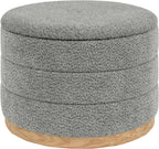 Round Storage Ottoman with Tray Lid, Folding Chenille Fabric Footrest with Hidden Storage, 22.8" Large Footstool Side Table for Dorm Living Room Bedroom, Wood Grain Base, Grey
