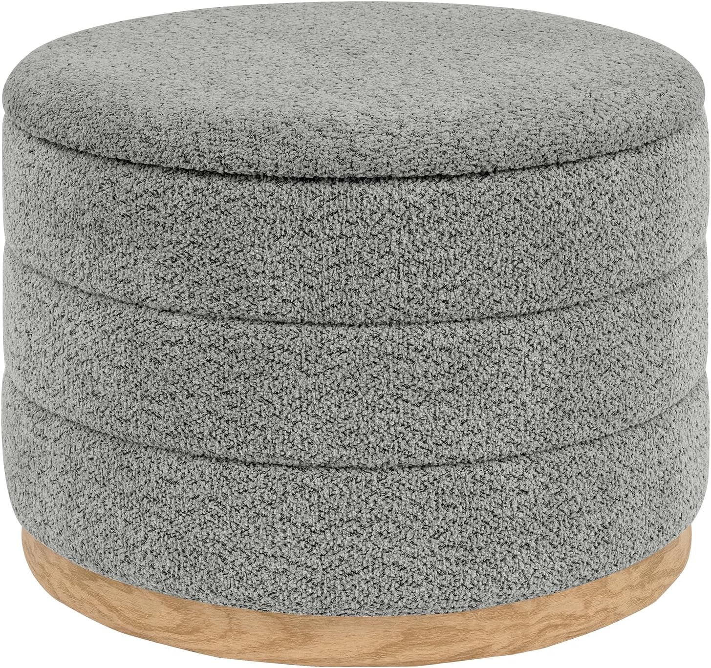 Round Storage Ottoman with Tray Lid, Folding Chenille Fabric Footrest with Hidden Storage, 22.8" Large Footstool Side Table for Dorm Living Room Bedroom, Wood Grain Base, Grey
