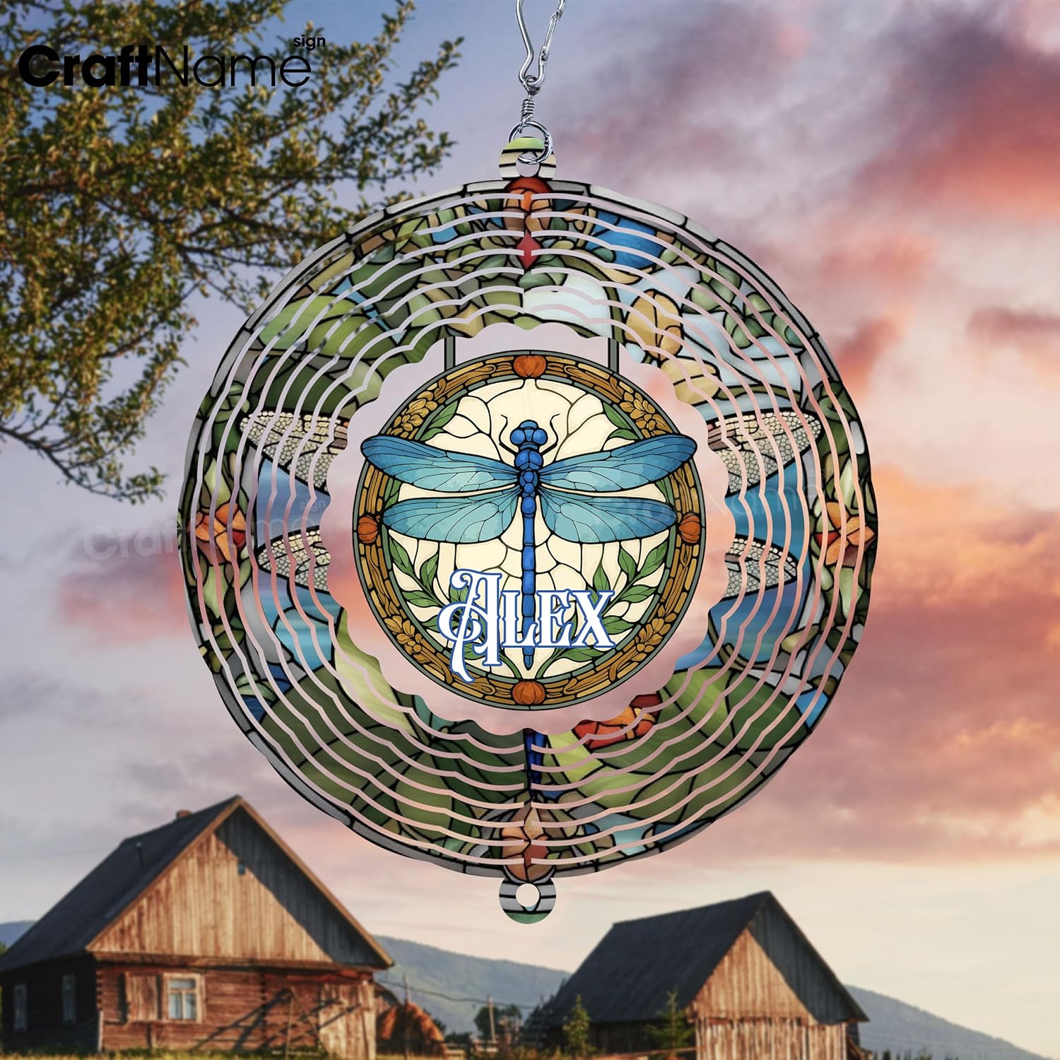 Personalized Dragonfly Wind Spinner 3D Stainless Steel, Dragonfly Garden Spinner Hanging Outdoor Decor, Wind Spinners Outdoor, Custom Gift for Grandmother, Mom, Wife