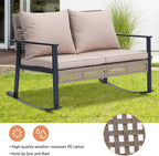 Ainfox Outdoor Wicker Loveseat Rocking Chair, Patio Rattan Rocker Chair with Cushions，All-Weather Modern Cozy Rocking Wicker Furniture for Garden Backyard Porch, Khaki