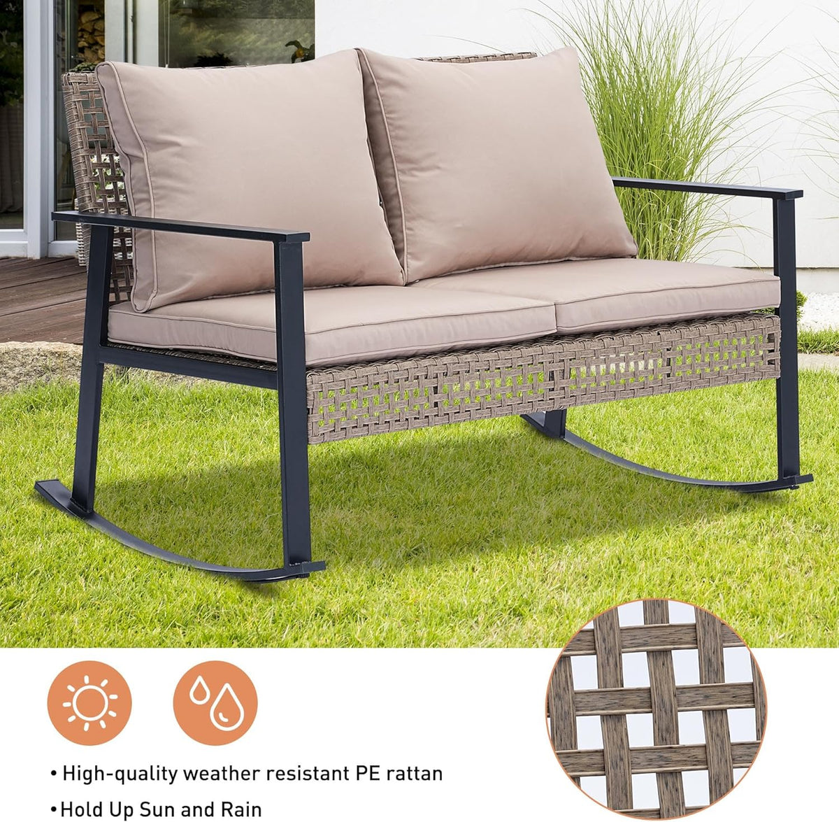 Ainfox Outdoor Wicker Loveseat Rocking Chair, Patio Rattan Rocker Chair with Cushions，All-Weather Modern Cozy Rocking Wicker Furniture for Garden Backyard Porch, Khaki