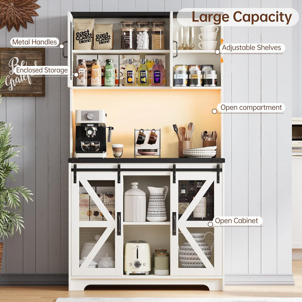 71" Tall Farmhouse Pantry Storage Cabinet With LED Lights and Charging Station, Adjustable Shelves, Sliding Doors, Kitchen Cupboard, White