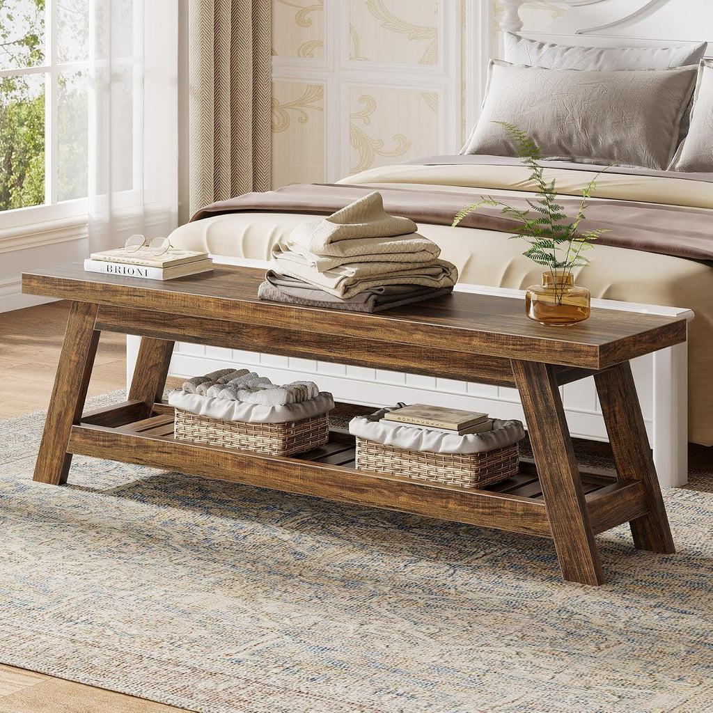 Tribesigns 55" Large Wood Entryway Bench with Shoe Storage, 2-Tier Rustic Brown Narrow Hallway Foyer Seating Bench with Open Shelves for Entryway, Bedroom, Mudroom