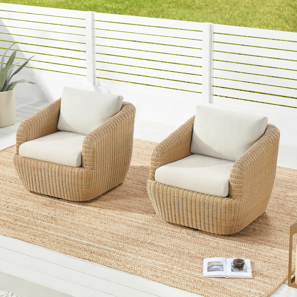 CHITA 2 Pieces Patio Wicker 360° Swivel Chairs with Removable Cushion, Backyard Rattan Chair for Sunrooms, Patios, Decks, Fully Assembled(Beige Cushions with Light Brown Wicker)
