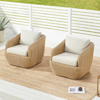 CHITA 2 Pieces Patio Wicker 360° Swivel Chairs with Removable Cushion, Backyard Rattan Chair for Sunrooms, Patios, Decks, Fully Assembled(Beige Cushions with Light Brown Wicker)