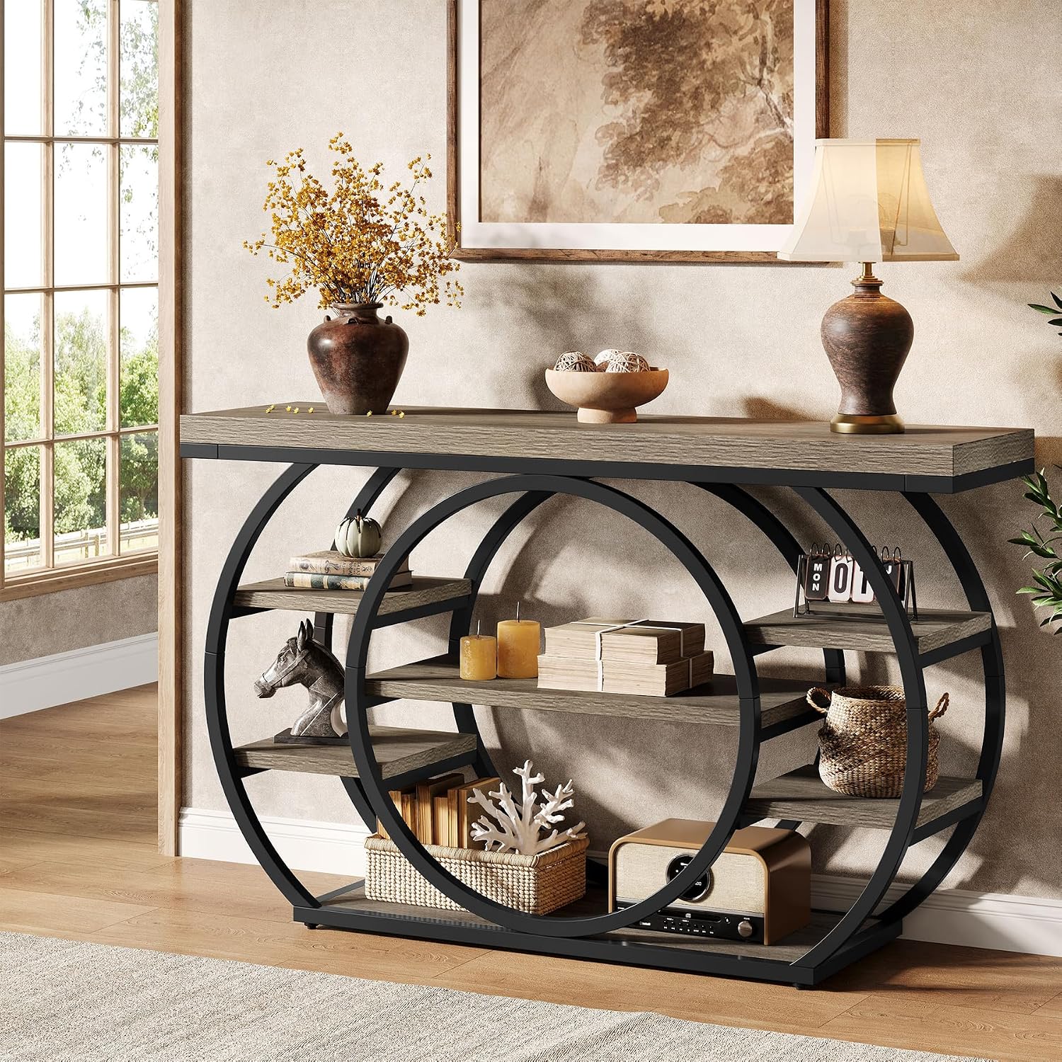 Tribesigns 47" Industrial Entryway Table with Staggered 5-Tier Shelf | Narrow Console with Metal Frame, 5-Tier Sofa Table for Living Room Entryway, Hallway, Foyer, Gray