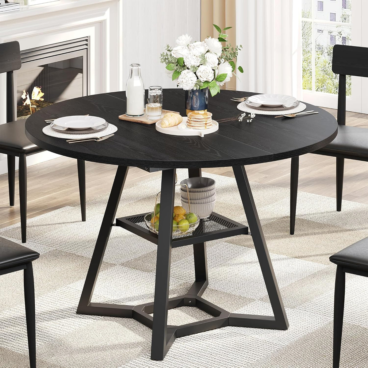 knoworld 47" Round Dining Table for 4, Kitchen Tables Dining Room Circle Dinner Table with Pedestal Metal Frame, Space Saving Wood Industrial Kitchen & Dining Room Tables, Black 47In