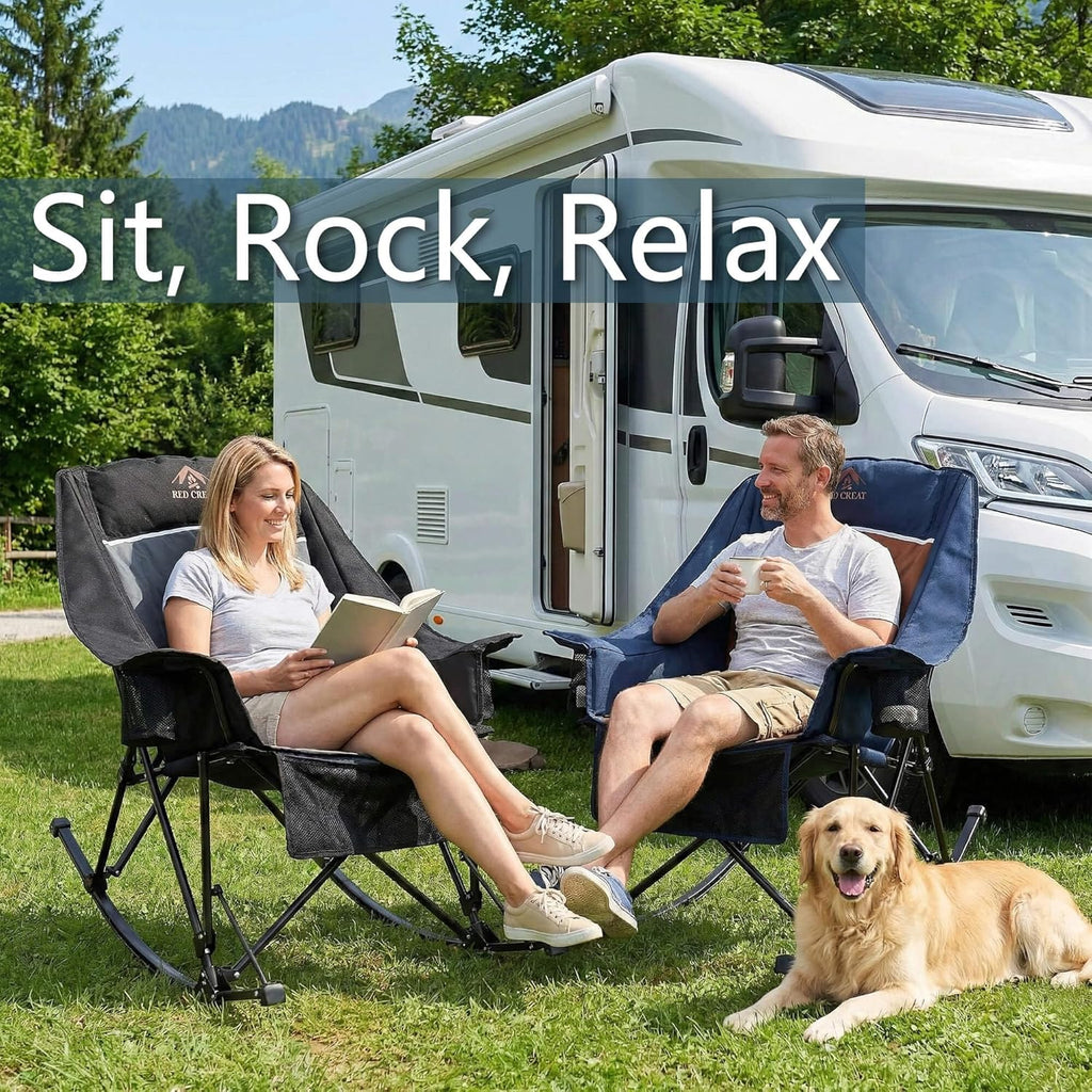 400lbs Rocking Camping Chair, Oversized Heavy Duty XL Folding Rocker for Adults, Padded High Back Big & Tall Support, with Cup Holders & Carry Bag for RV, Lawn, Patio & Sports