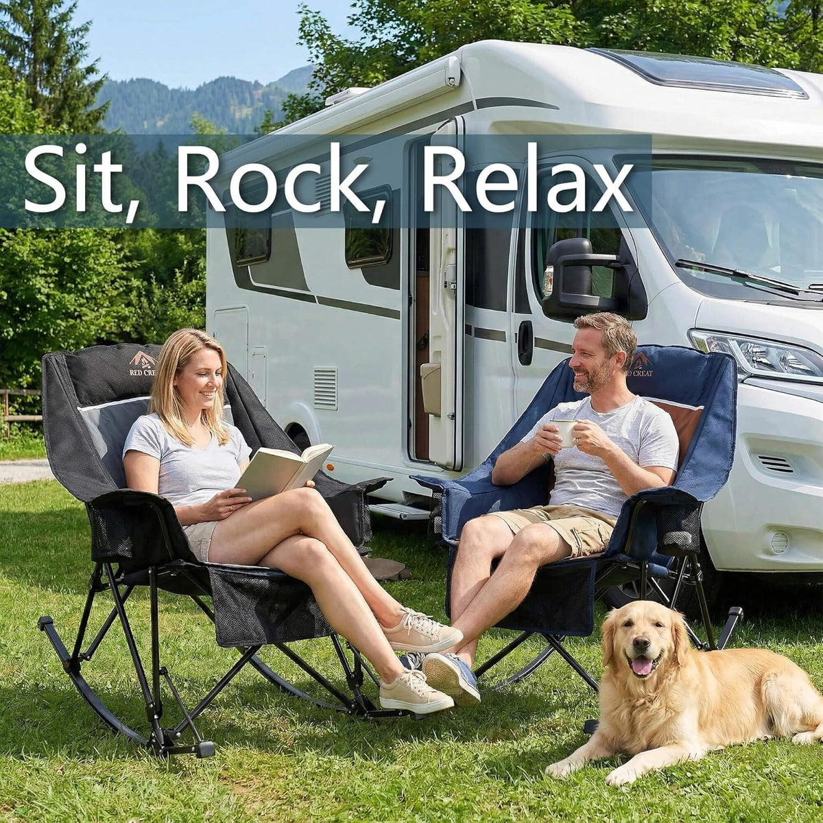 400lbs Rocking Camping Chair, Oversized Heavy Duty XL Folding Rocker for Adults, Padded High Back Big & Tall Support, with Cup Holders & Carry Bag for RV, Lawn, Patio & Sports