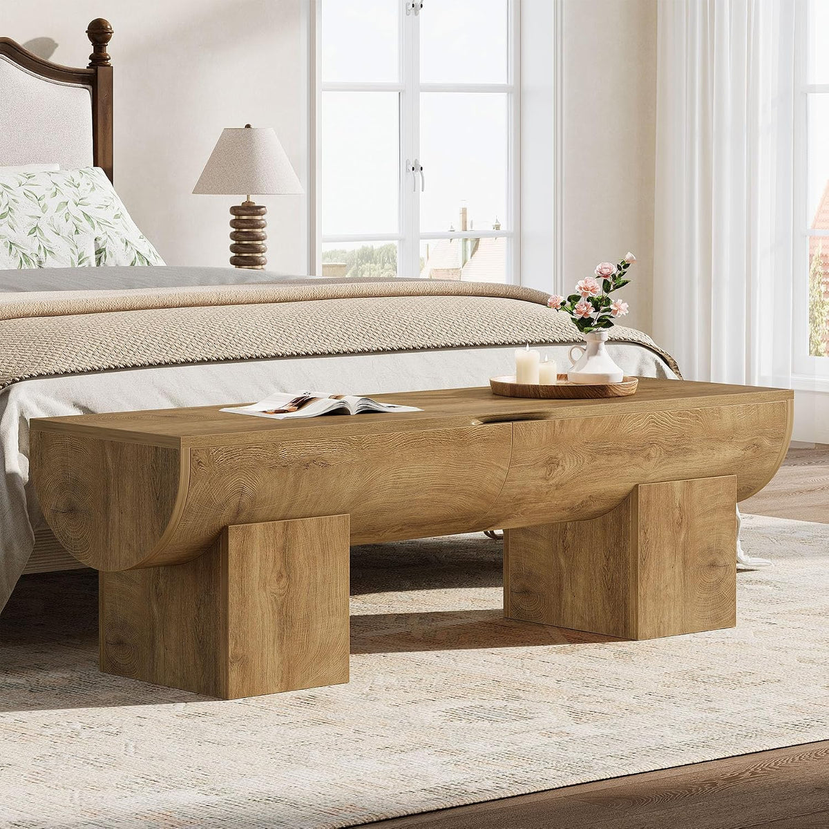 Tribesigns 55" Storage Bench with 2 Safety Hinges, Farmhouse Shoe Bench with Flip-Top Storage, Supports 350 lb and Easy Assembly (Natural)