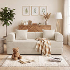59'' Convertible Compressed Corduroy Folding Cloud Sofa Bed, Modern Pull Out Loveseat Sleeper in a Box, 4 in 1 Floor Mattress Futon Fluffy Couch, No Assembly Needed, Beige, 2 Pillows, Full