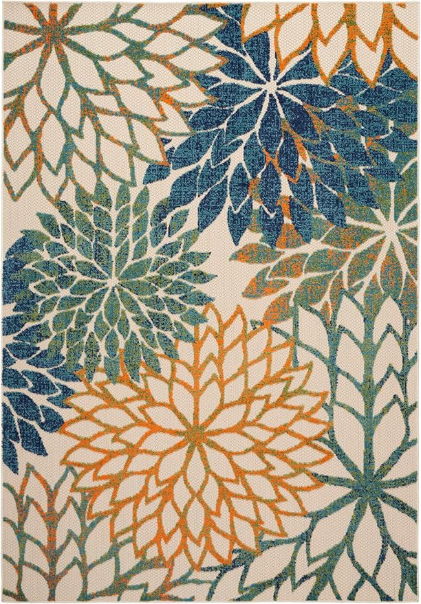 Nourison Home Aloha Indoor Outdoor Blue Green 5'3" x 7'5" Area Rug, Easy Cleaning, Non Shedding, Bed Room, Living Room, Dining Room, Backyard, Deck, Patio (5x7)