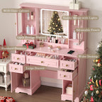 HUANLEGO Farmhouse Makeup Vanity Desk with Mirror and LED Lights, Pink | Vanity Mirror with Lights Desk for Women, Makeup Table Set with RGB Cabinet and 6 Drawers, Charging Station, 3 Light Modes