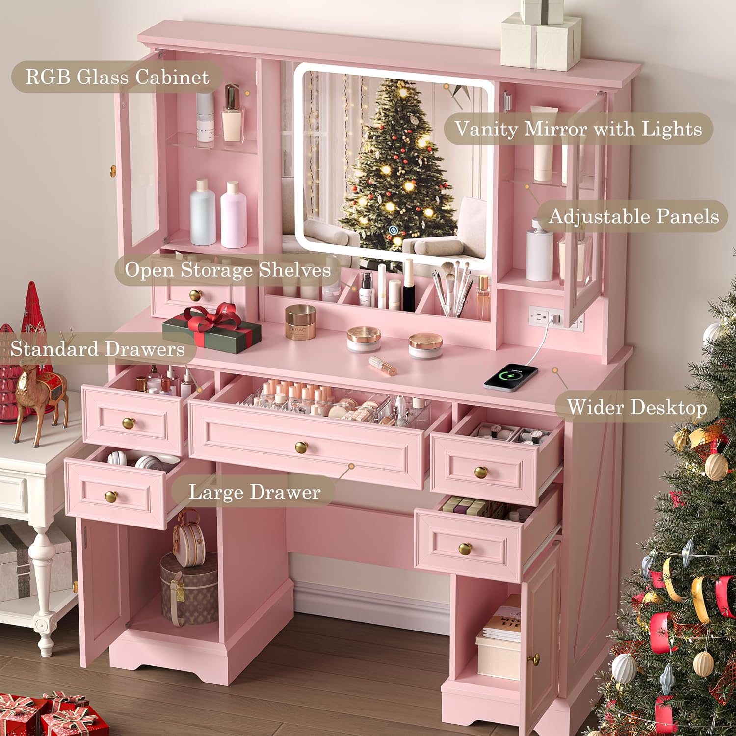 HUANLEGO Farmhouse Makeup Vanity Desk with Mirror and LED Lights, Pink | Vanity Mirror with Lights Desk for Women, Makeup Table Set with RGB Cabinet and 6 Drawers, Charging Station, 3 Light Modes
