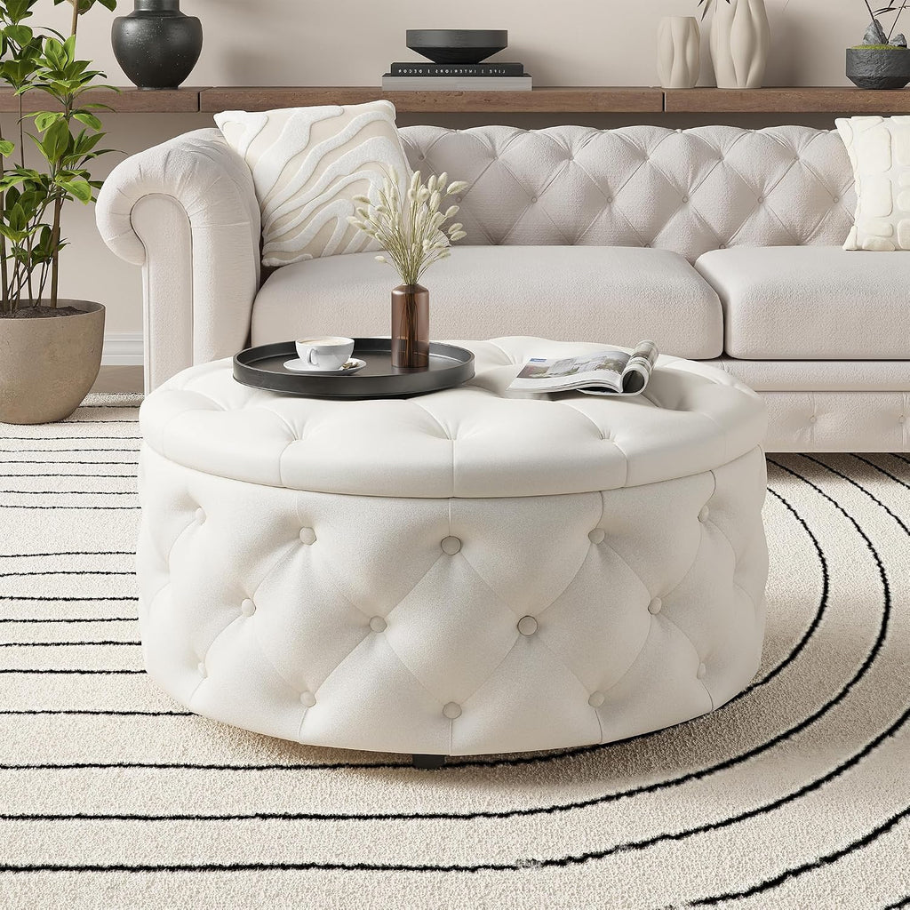 FiveWillowise 30 Inch Round Ottoman with Storage Tray,Large Coffee Table | Circle Modern Button Footstool with Removable Lid,Cozy Foot Stools for Living Room, Bedroom,Makeup Room,Cream White