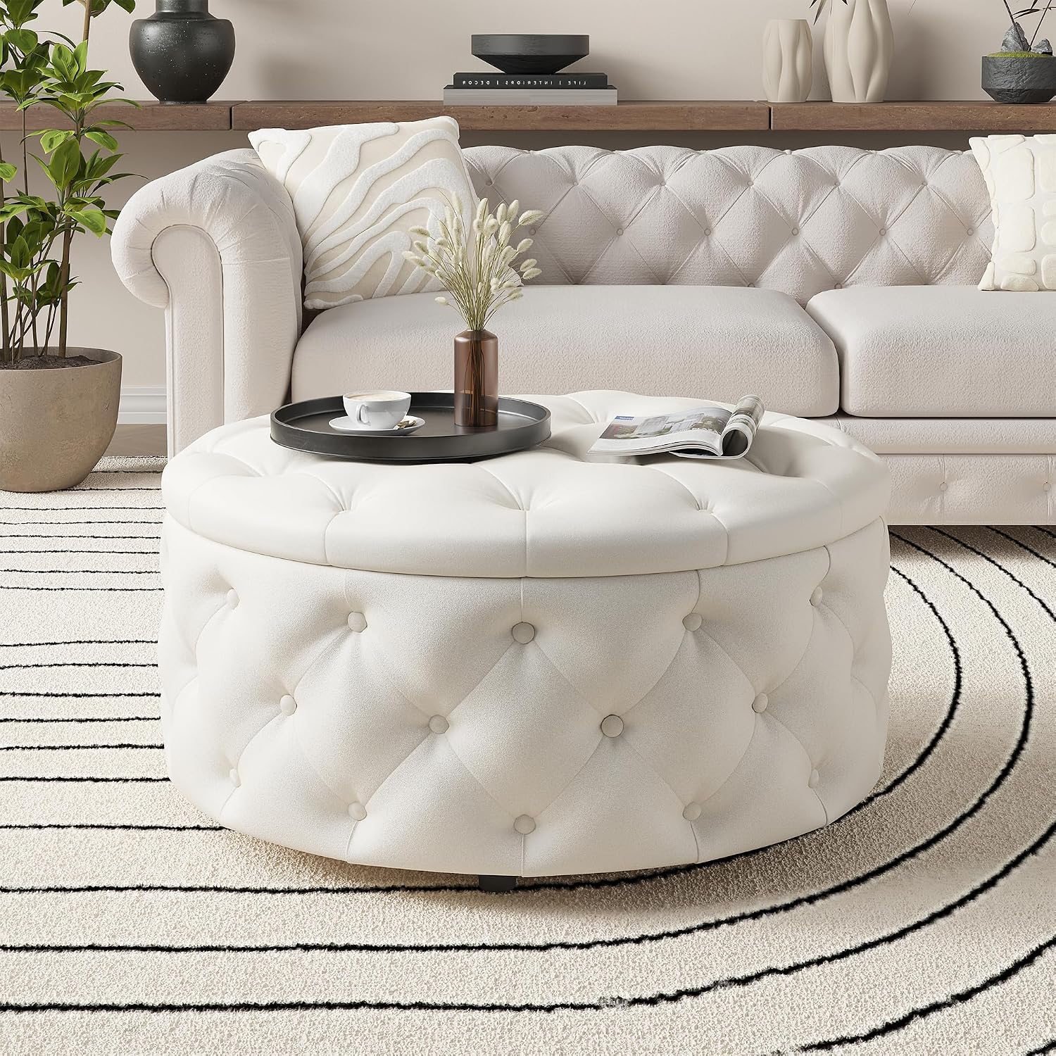 FiveWillowise 30 Inch Round Ottoman with Storage Tray,Large Coffee Table | Circle Modern Button Footstool with Removable Lid,Cozy Foot Stools for Living Room, Bedroom,Makeup Room,Cream White