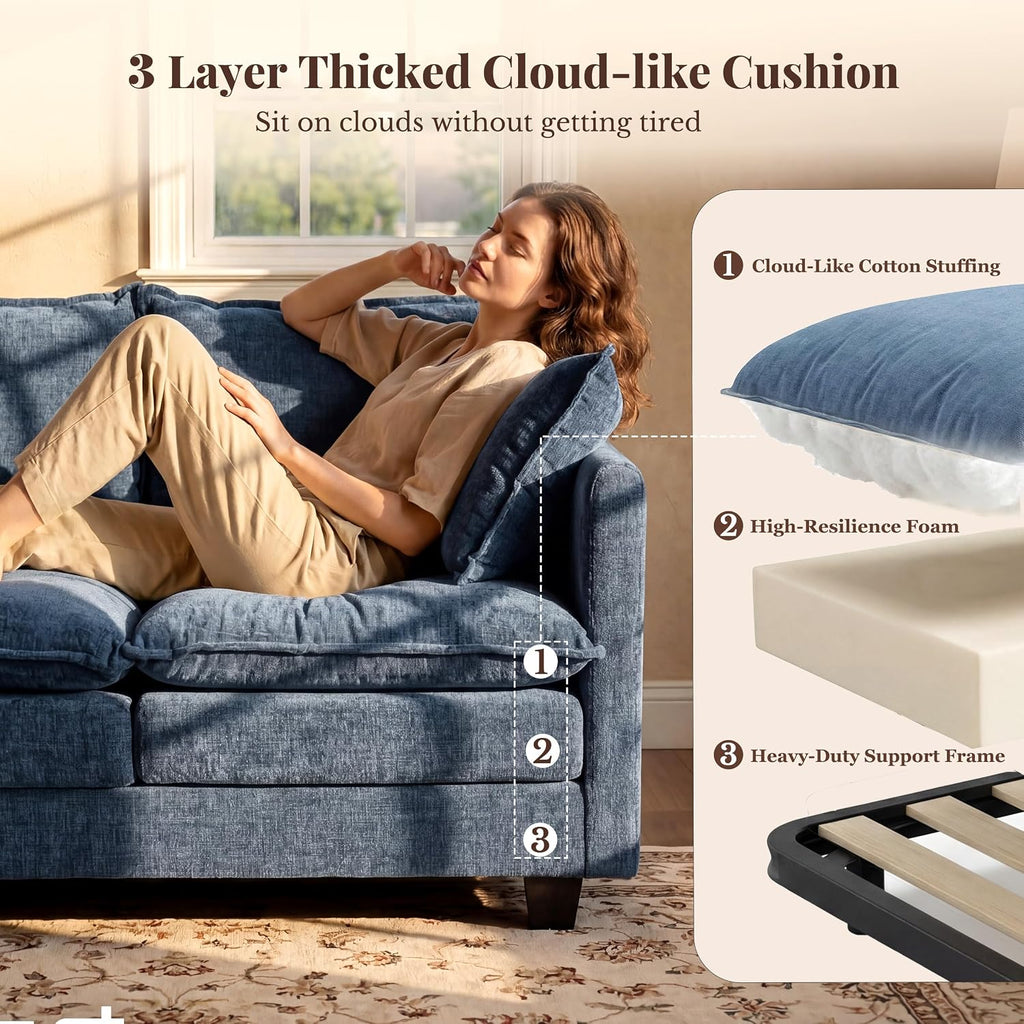 KYJ Loveseat Sofa, Cloud Love Seat Couch 3 Layer Cushion for Small Spaces | 50" Chenille Small Sofa, 27" Deep Seat, 2 Washable Pillow, in a Box for Bedroom & Living room, Singles, Couple & Kid, Blue