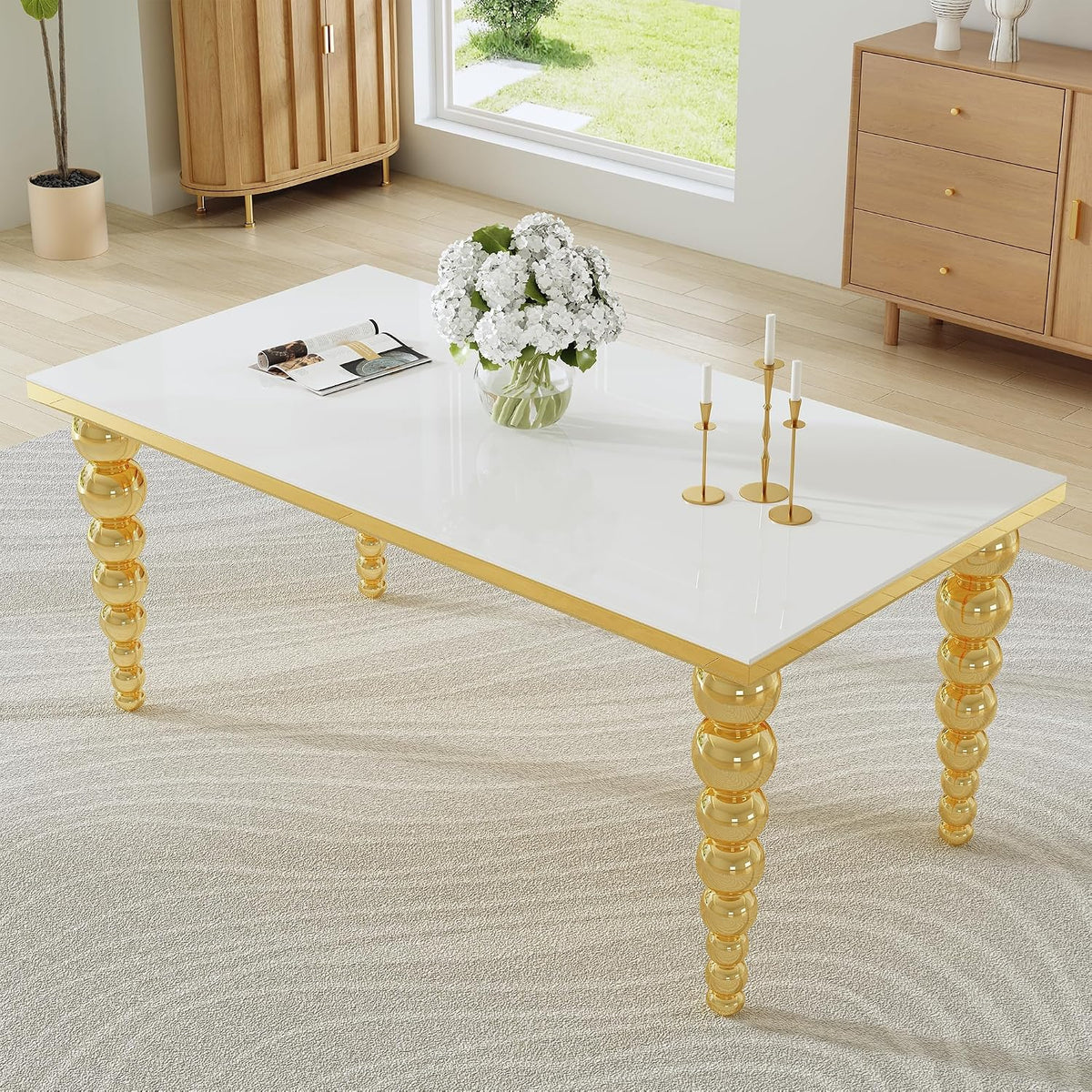 70" Rectangular Glass Dining Table for 6-8, White Tempered Glass Top with Gold Mirrored Stainless Steel Sphere Legs, Modern Luxury Dining Table for Kitchen and Dining Room