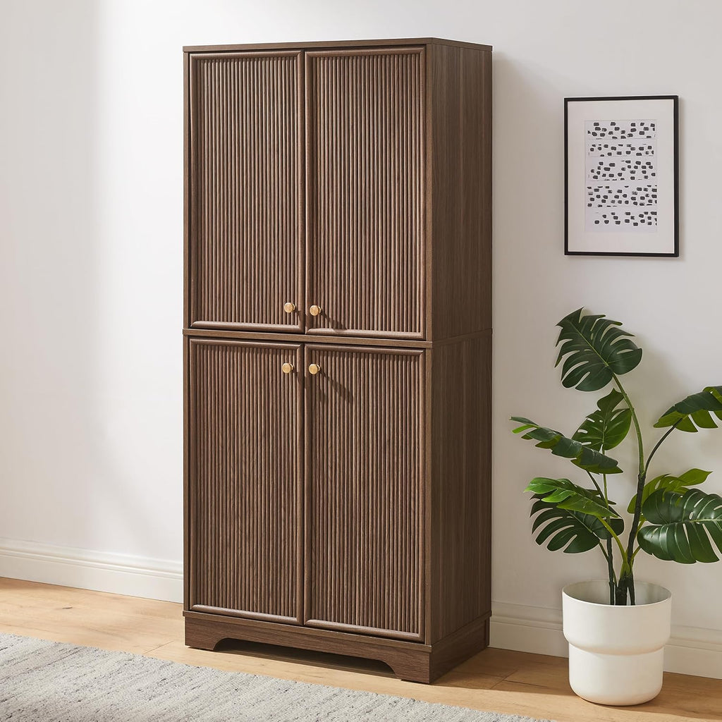 Crosley Furniture Naomi Modern Reeded Kitchen Pantry Storage Cabinet, Dining, Laundry Room, Bathroom, Walnut