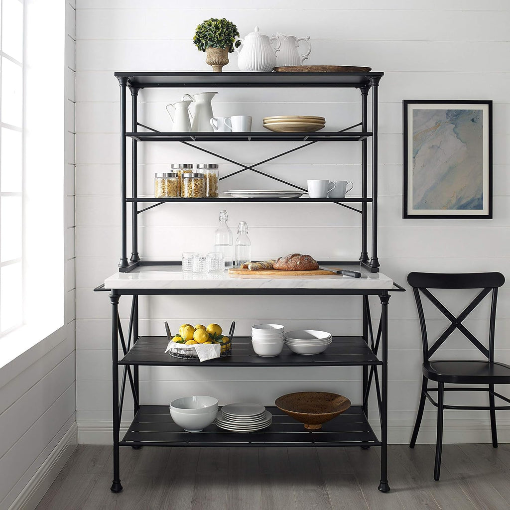 Crosley Furniture Madeleine Kitchen Island and Hutch with Shelves for Storage, Microwave Stand, Coffee Bar, Steel with Faux Marble Top
