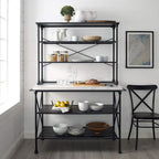 Crosley Furniture Madeleine Kitchen Island and Hutch with Shelves for Storage, Microwave Stand, Coffee Bar, Steel with Faux Marble Top